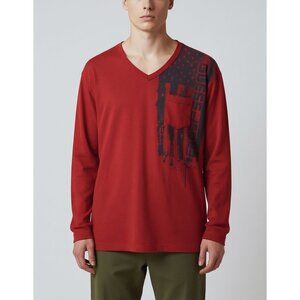 Guess Mens Red Long Sleeve Graphic T-Shirt XL 100% Cotton V-Neck Made In Guatema